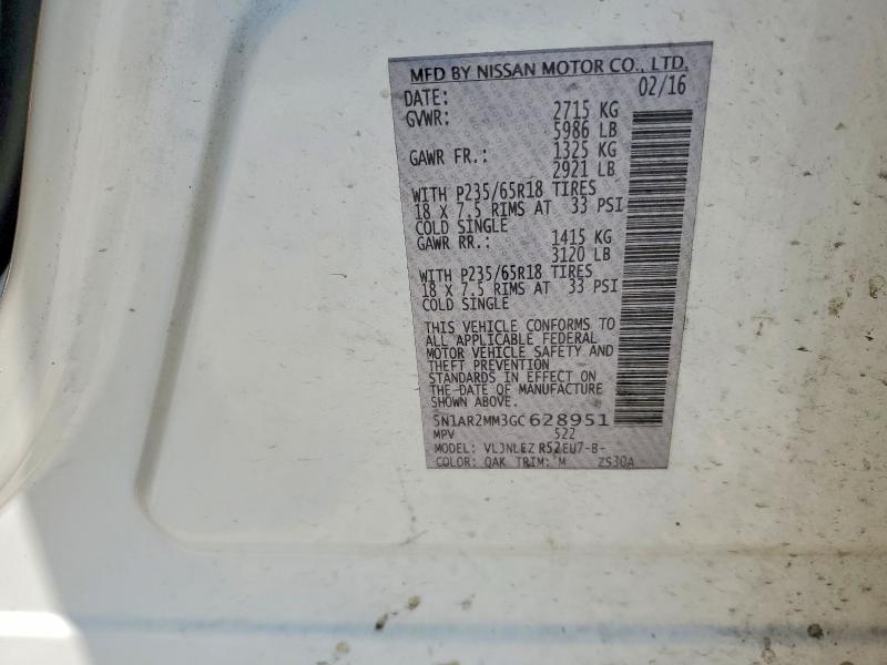 62442726 :رقم المزاد ، 5N1AR2MM3GC628951 vin ، 2016 Nissan Pathfinder مزاد بيع