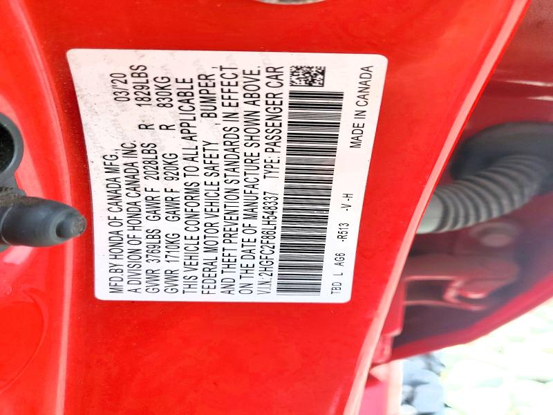 Продаж на аукціоні авто 2020 Honda Civic, vin: 2HGFC2F86LH548337, номер лоту: 61699366