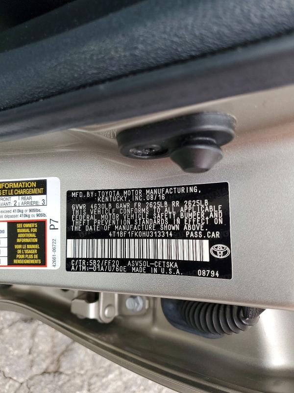 2017 Toyota Camry მანქანა იყიდება აუქციონზე, vin: 4T1BF1FK0HU313314, აუქციონის ნომერი: 61024826