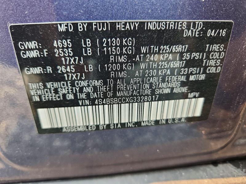 62486676 :رقم المزاد ، 4S4BSBCCXG3328017 vin ، 2016 Subaru Outback مزاد بيع