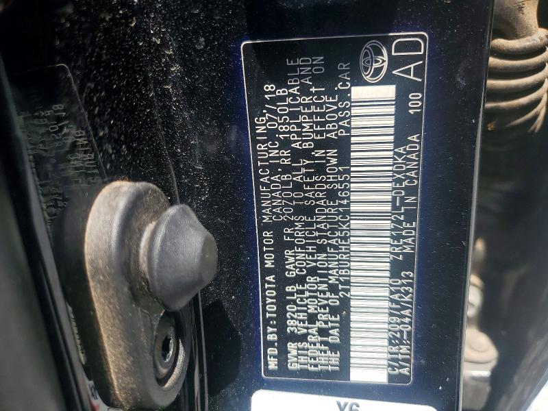 59868616 :رقم المزاد ، 2T1BURHE5KC146551 vin ، 2019 Toyota Corolla مزاد بيع