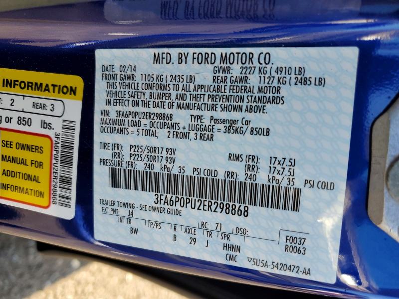 61088686 :رقم المزاد ، 3FA6P0PU2ER298868 vin ، 2014 Ford Fusion مزاد بيع