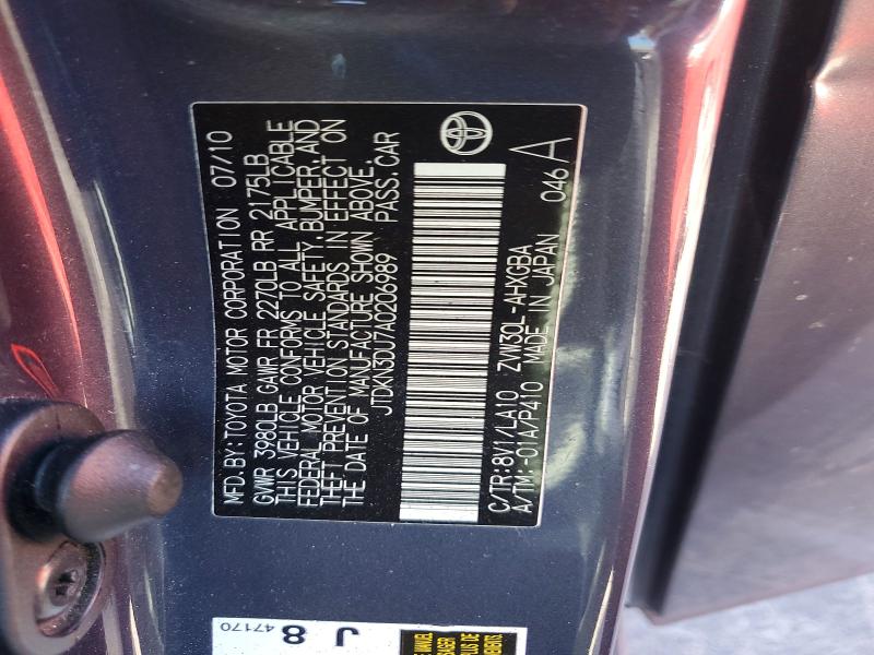 Aukcja sprzedaży 2010 Toyota Prius, vin: JTDKN3DU7A0206989, numer aukcji: 62264486