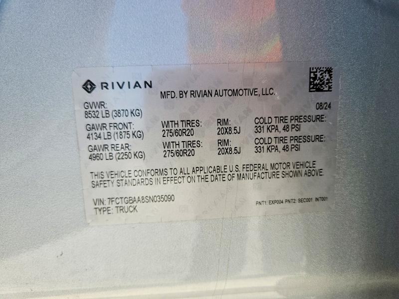 2025 Rivian R1t მანქანა იყიდება აუქციონზე, vin: 7FCTGBAA8SN035090, აუქციონის ნომერი: 59009816