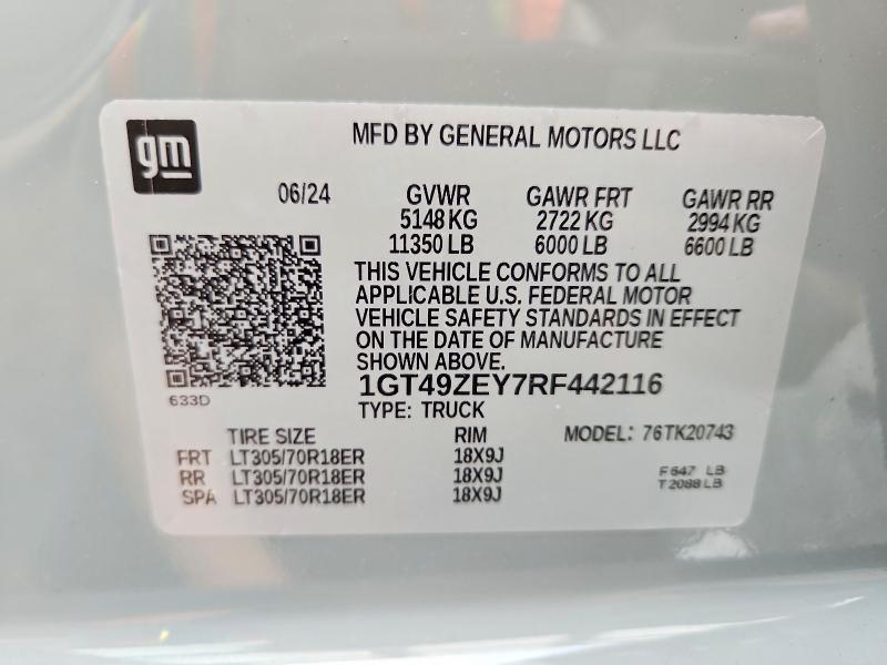 2024 Gmc Sierra მანქანა იყიდება აუქციონზე, vin: 1GT49ZEY7RF442116, აუქციონის ნომერი: 60226796