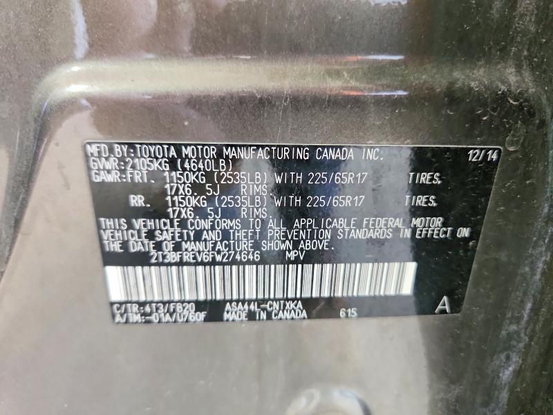 60460936 :رقم المزاد ، 2T3BFREV6FW274646 vin ، 2015 Toyota Rav4 مزاد بيع