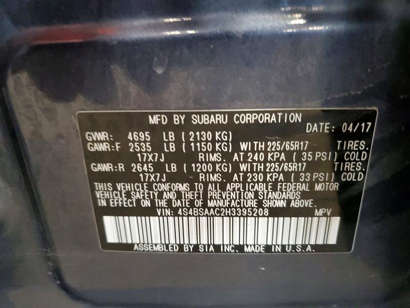 Aukcja sprzedaży 2017 Subaru Outback, vin: 4S4BSAAC2H3395208, numer aukcji: 61766956