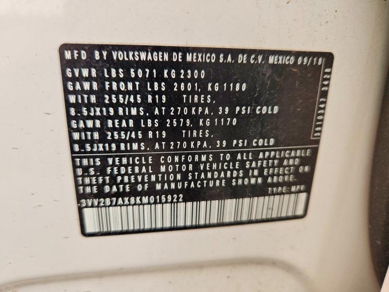 60755906 :رقم المزاد ، 3VV2B7AX8KM015922 vin ، 2019 Volkswagen Tiguan مزاد بيع