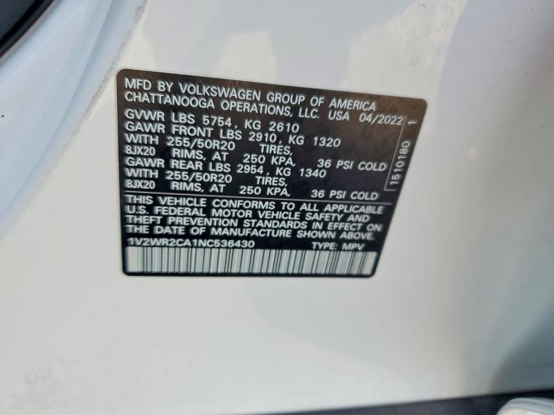 2022 Volkswagen Atlas მანქანა იყიდება აუქციონზე, vin: 1V2WR2CA1NC536430, აუქციონის ნომერი: 60368916