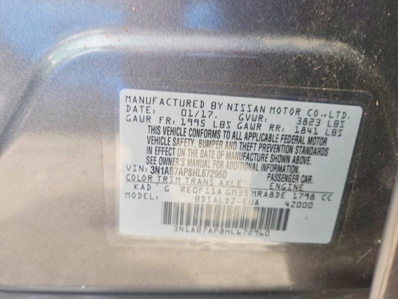 61251016 :رقم المزاد ، 3N1AB7AP8HL672960 vin ، 2017 Nissan Sentra مزاد بيع