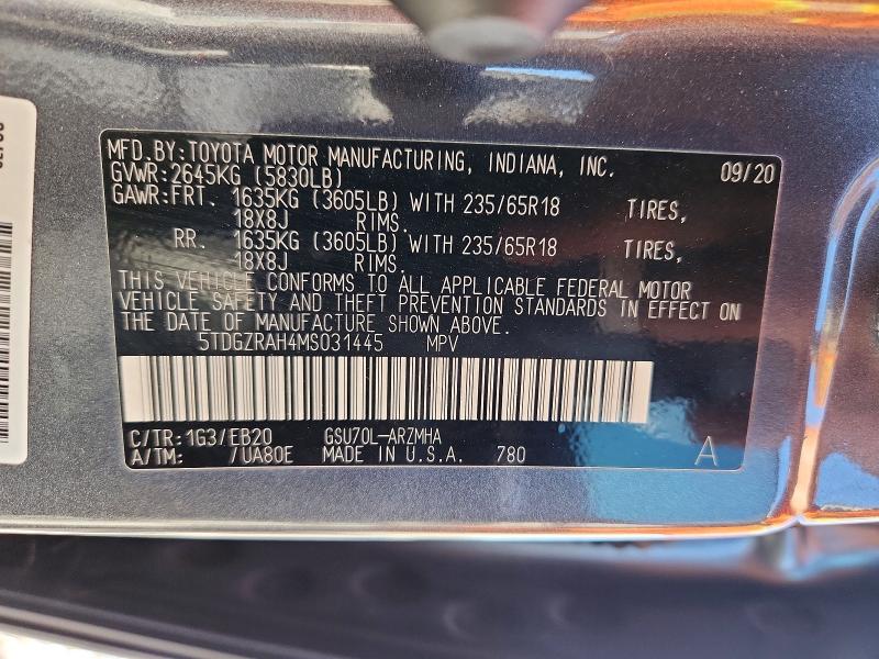 Aukcja sprzedaży 2021 Toyota Highlander, vin: 5TDGZRAH4MS031445, numer aukcji: 59729476