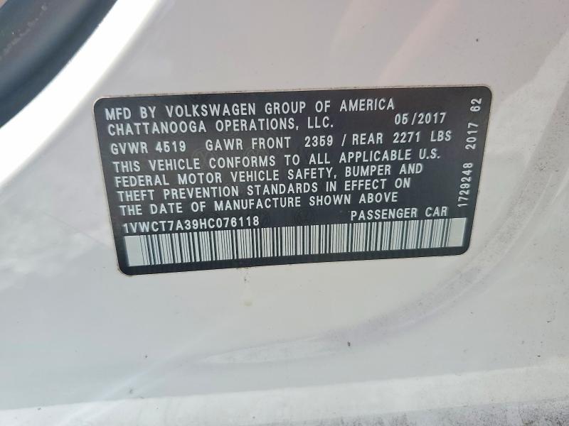 Продаж на аукціоні авто 2017 Volkswagen Passat, vin: 1VWCT7A39HC076118, номер лоту: 62247676
