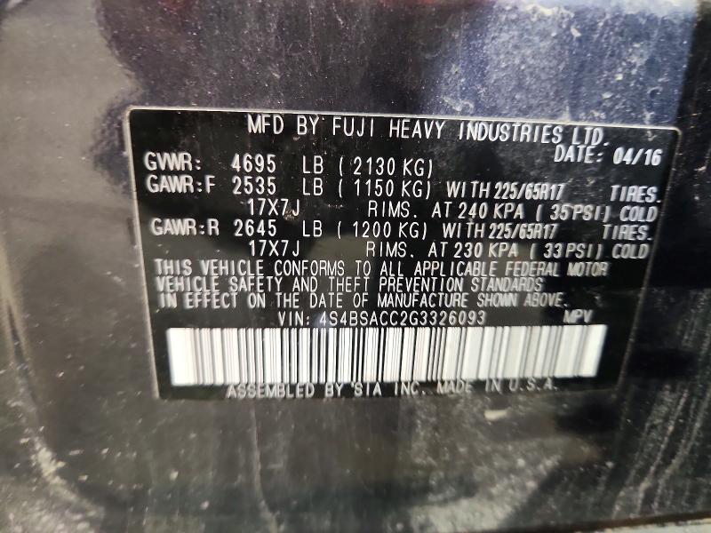 60401786 :رقم المزاد ، 4S4BSACC2G3326093 vin ، 2016 Subaru Outback مزاد بيع