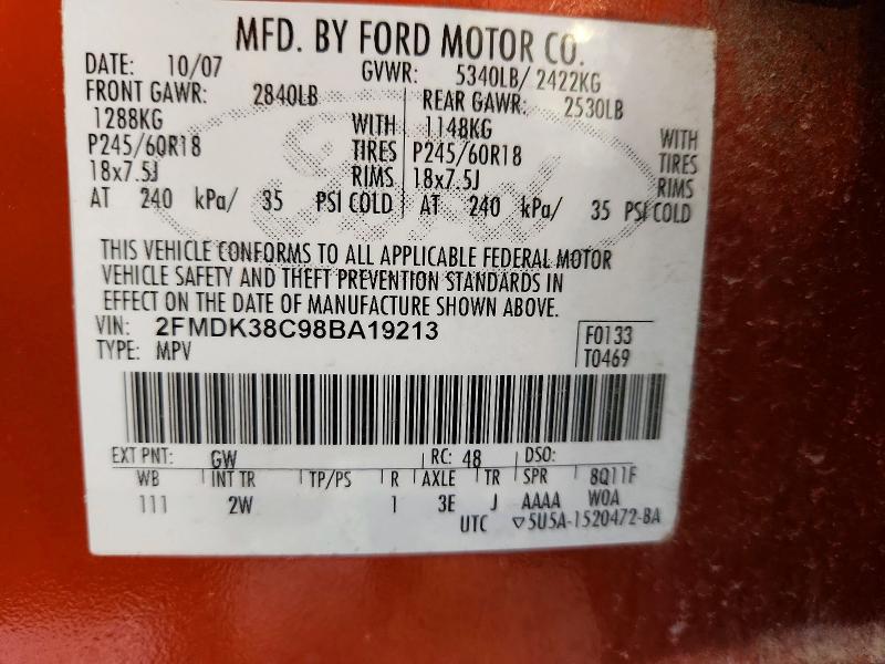 2008 Ford Edge მანქანა იყიდება აუქციონზე, vin: 2FMDK38C98BA19213, აუქციონის ნომერი: 60218796