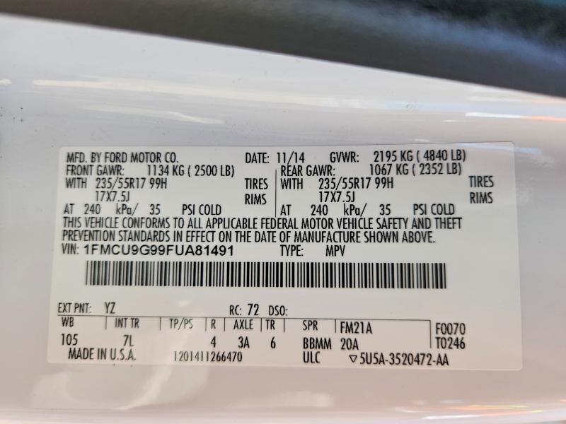 60889356 :رقم المزاد ، 1FMCU9G99FUA81491 vin ، 2015 Ford Escape مزاد بيع