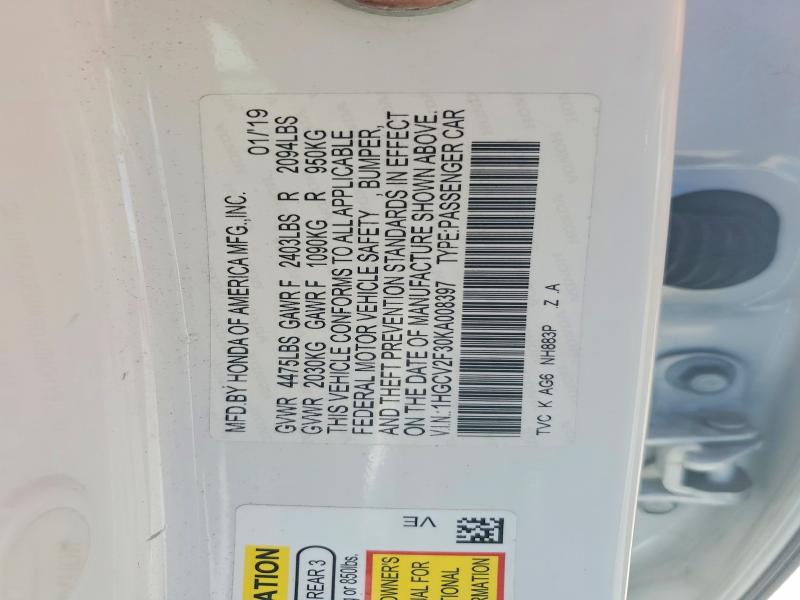 61606836 :رقم المزاد ، 1HGCV2F30KA008397 vin ، 2019 Honda Accord مزاد بيع