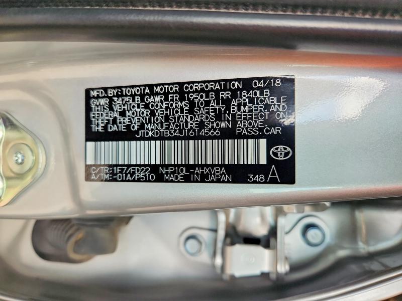 61163346 :رقم المزاد ، JTDKDTB34J1614566 vin ، 2018 Toyota Prius C مزاد بيع