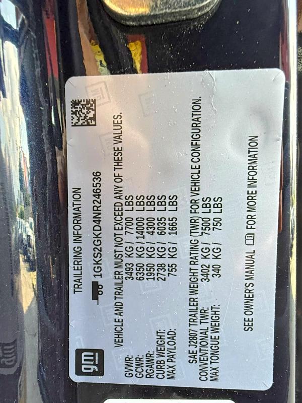 Продаж на аукціоні авто 2022 Gmc Yukon Xl, vin: 1GKS2GKD4NR246536, номер лоту: 62607426