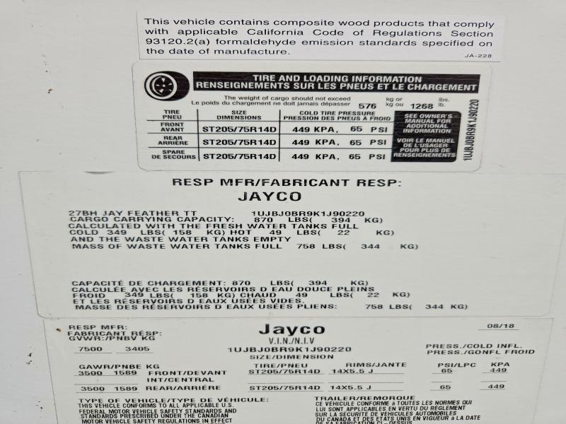2019 Jayco Jayfeather მანქანა იყიდება აუქციონზე, vin: 1UJBJ0BR9K1J90220, აუქციონის ნომერი: 60477106