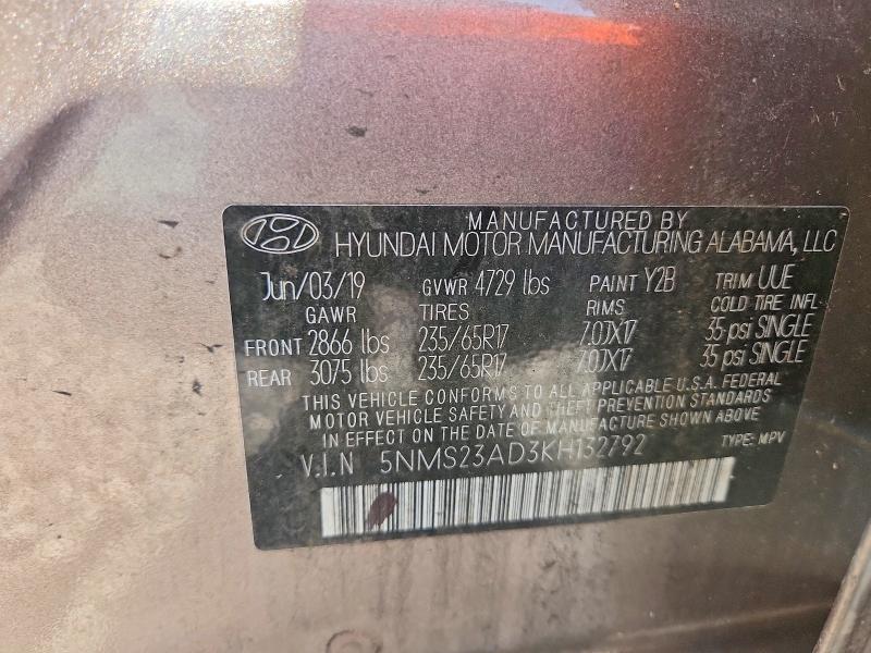 2019 Hyundai Santa Fe მანქანა იყიდება აუქციონზე, vin: 5NMS23AD3KH132792, აუქციონის ნომერი: 62154926