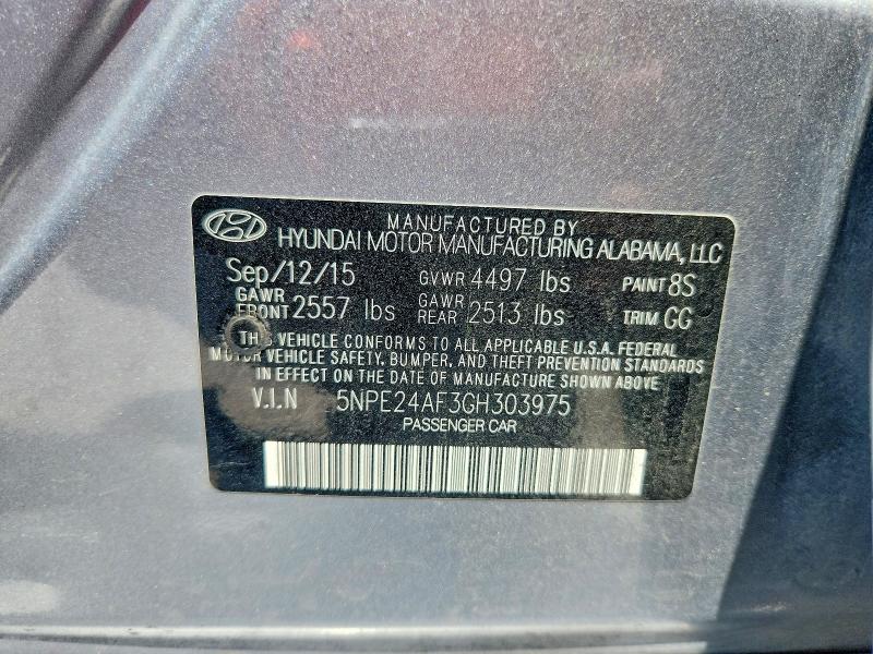 2016 Hyundai Sonata მანქანა იყიდება აუქციონზე, vin: 5NPE24AF3GH303975, აუქციონის ნომერი: 62893136