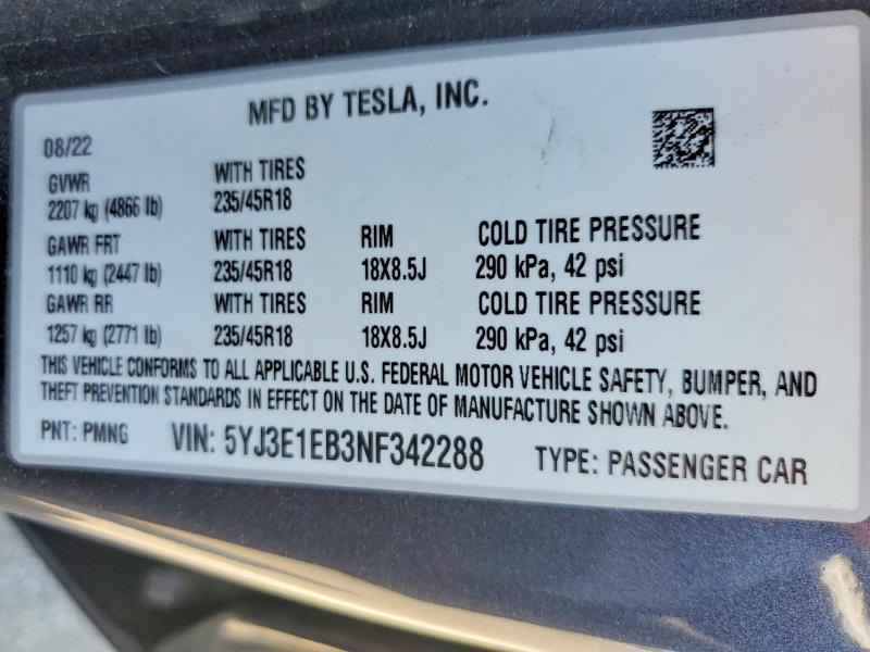 2022 Tesla Model 3 მანქანა იყიდება აუქციონზე, vin: 5YJ3E1EB3NF342288, აუქციონის ნომერი: 61633616