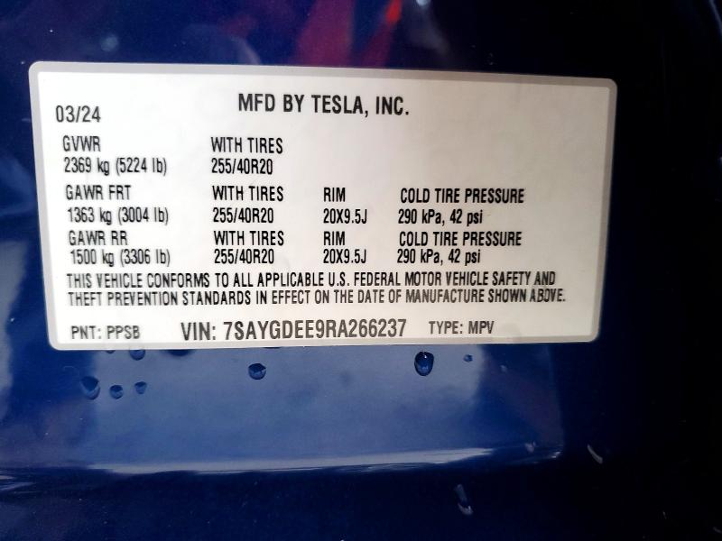 60505986 :رقم المزاد ، 7SAYGDEE9RA266237 vin ، 2024 Tesla Model Y مزاد بيع