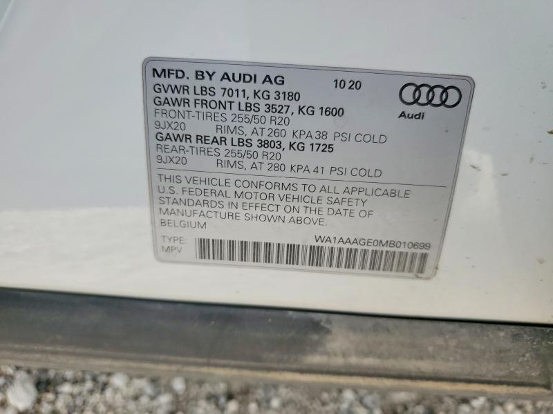 2021 Audi E-tron მანქანა იყიდება აუქციონზე, vin: WA1AAAGE0MB010699, აუქციონის ნომერი: 60850886