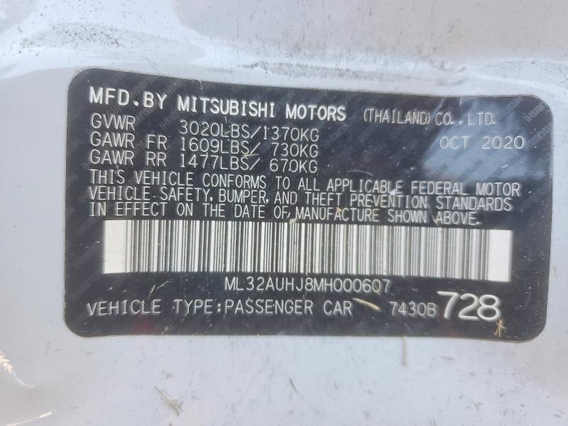 2021 Mitsubishi Mirage მანქანა იყიდება აუქციონზე, vin: ML32AUHJ8MH000607, აუქციონის ნომერი: 59866206
