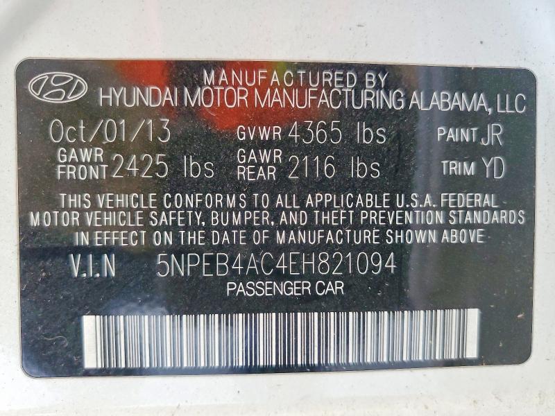 2014 Hyundai Sonata მანქანა იყიდება აუქციონზე, vin: 5NPEB4AC4EH821094, აუქციონის ნომერი: 62114056