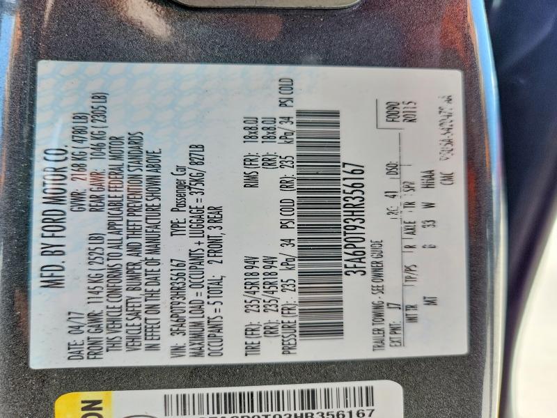 59655456 :رقم المزاد ، 3FA6P0T93HR356167 vin ، 2017 Ford Fusion مزاد بيع
