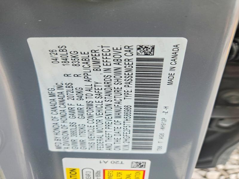 2026 Honda Civic მანქანა იყიდება აუქციონზე, vin: 2HGFE2F57TH586966, აუქციონის ნომერი: 63043386