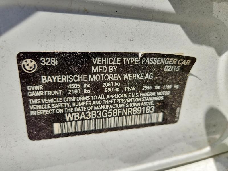 2015 Bmw 328 მანქანა იყიდება აუქციონზე, vin: WBA3B3G58FNR89183, აუქციონის ნომერი: 58486916