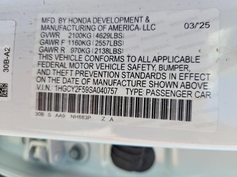 60231606 :رقم المزاد ، 1HGCY2F59SA040757 vin ، 2025 Honda Accord مزاد بيع