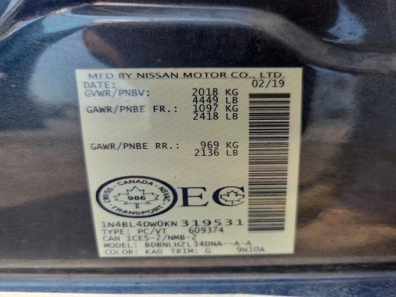 2019 Nissan Altima მანქანა იყიდება აუქციონზე, vin: 1N4BL4DW0KN319531, აუქციონის ნომერი: 59094256