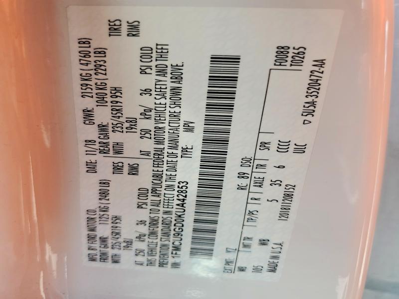 59136856 :رقم المزاد ، 1FMCU9GD0KUA42853 vin ، 2019 Ford Escape مزاد بيع