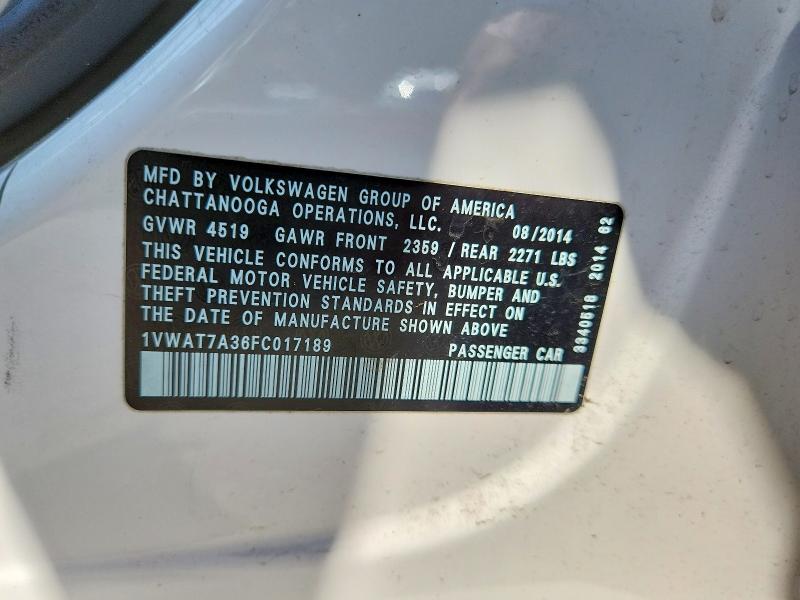 61988316 :رقم المزاد ، 1VWAT7A36FC017189 vin ، 2015 Volkswagen Passat مزاد بيع