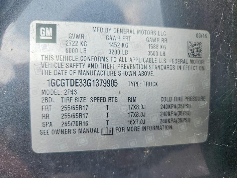 63115146 :رقم المزاد ، 1GCGTDE33G1379905 vin ، 2016 Chevrolet Colorado مزاد بيع