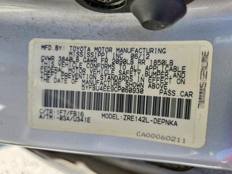 Aukcja sprzedaży 2012 Toyota Corolla, vin: 5YFBU4EE9CP060930, numer aukcji: 59619536
