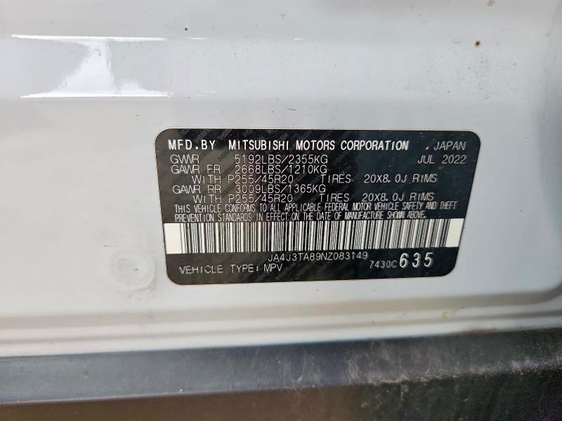 61432496 :رقم المزاد ، JA4J3TA89NZ083149 vin ، 2022 Mitsubishi Outlander مزاد بيع