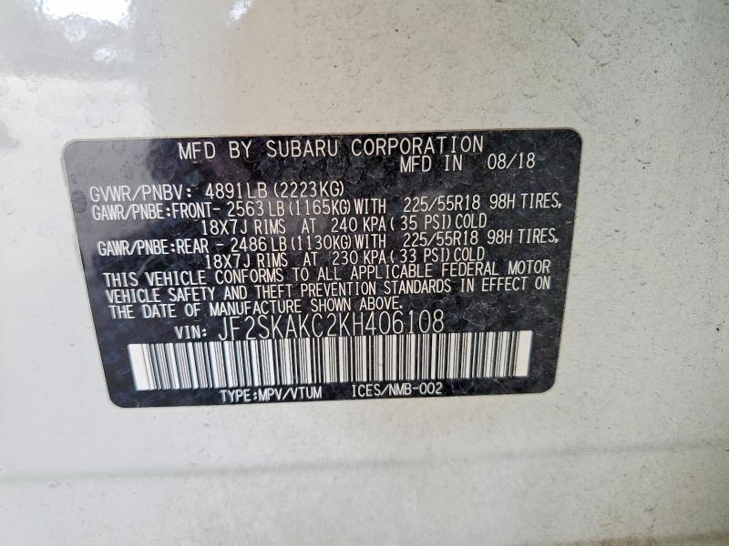 2019 Subaru Forester მანქანა იყიდება აუქციონზე, vin: JF2SKAKC2KH406108, აუქციონის ნომერი: 60683096