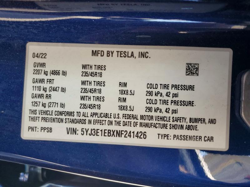 Продаж на аукціоні авто 2022 Tesla Model 3, vin: 5YJ3E1EBXNF241426, номер лоту: 62882406