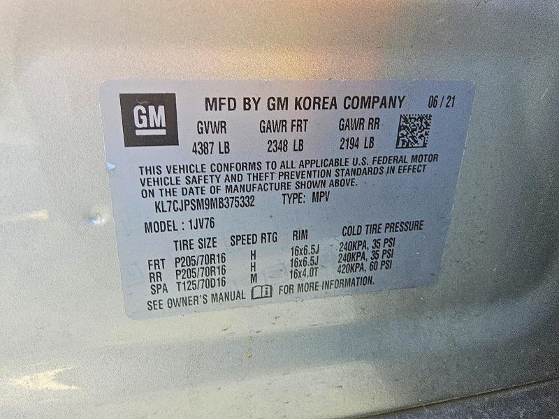 2021 Chevrolet Trax მანქანა იყიდება აუქციონზე, vin: KL7CJPSM9MB375332, აუქციონის ნომერი: 60163216