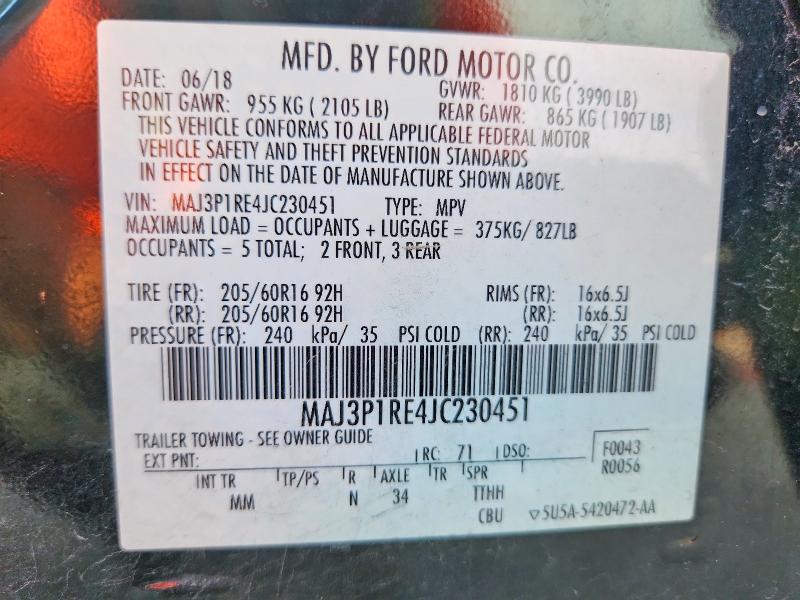Aukcja sprzedaży 2018 Ford Ecosport, vin: MAJ3P1RE4JC230451, numer aukcji: 61859356