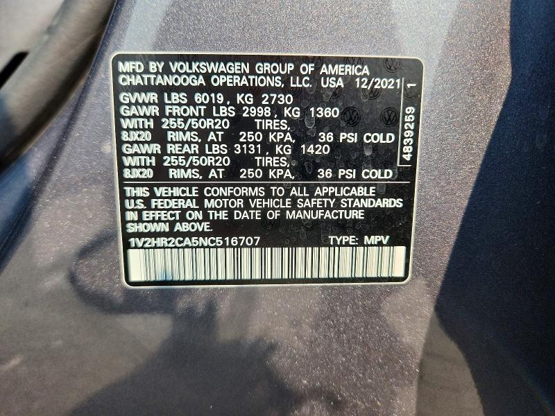60683136 :رقم المزاد ، 1V2HR2CA5NC516707 vin ، 2022 Volkswagen Atlas مزاد بيع