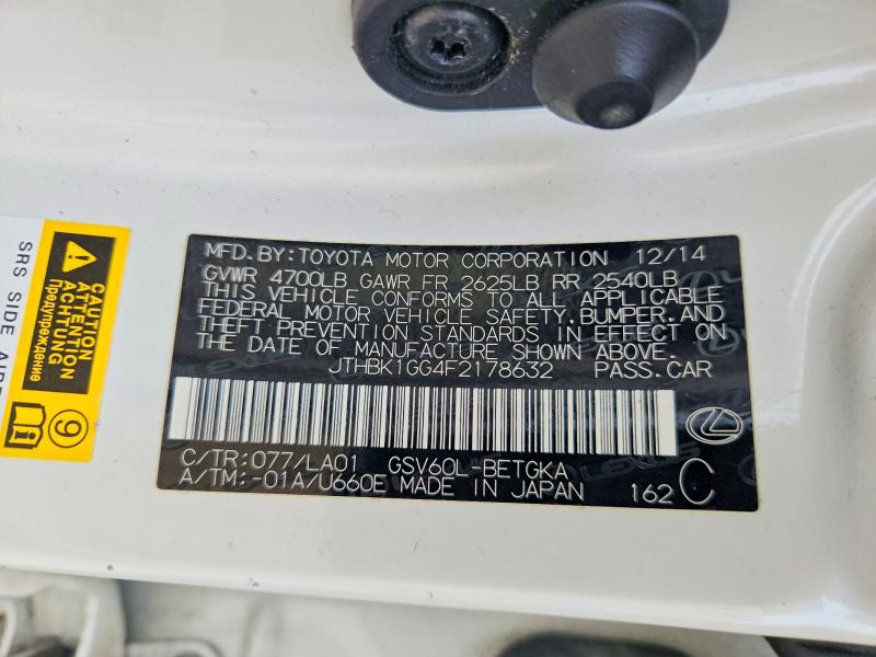 2015 Lexus Es მანქანა იყიდება აუქციონზე, vin: JTHBK1GG4F2178632, აუქციონის ნომერი: 62588196