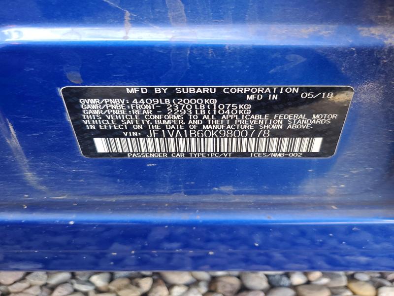 Aukcja sprzedaży 2019 Subaru Wrx, vin: JF1VA1B60K9800778, numer aukcji: 59893436