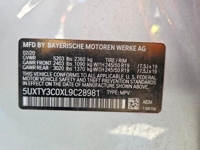 2020 Bmw X3 მანქანა იყიდება აუქციონზე, vin: 5UXTY3C0XL9C28981, აუქციონის ნომერი: 60296306