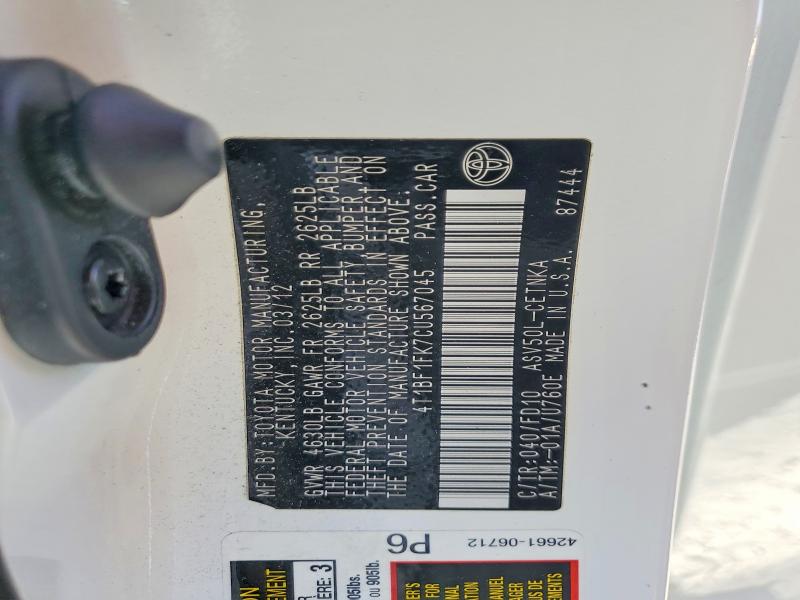 2012 Toyota Camry მანქანა იყიდება აუქციონზე, vin: 4T1BF1FK7CU567045, აუქციონის ნომერი: 61054506