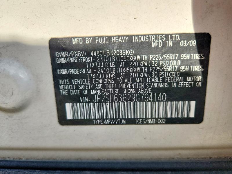 2009 Subaru Forester მანქანა იყიდება აუქციონზე, vin: JF2SH63629G794140, აუქციონის ნომერი: 60081756